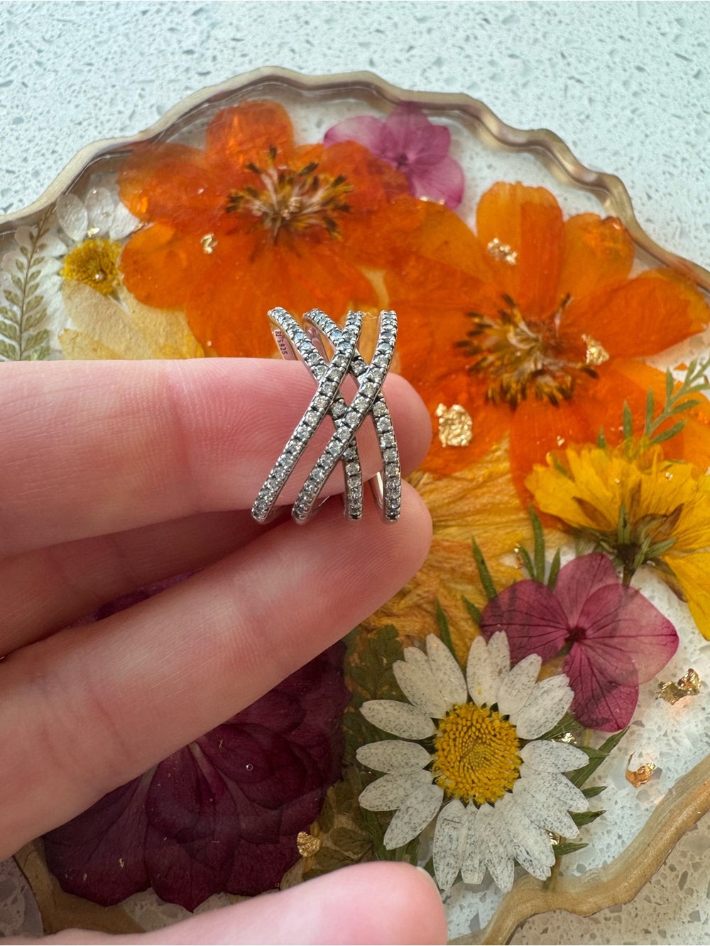 Pandora Silver Crisscross Ring with Clear Stones